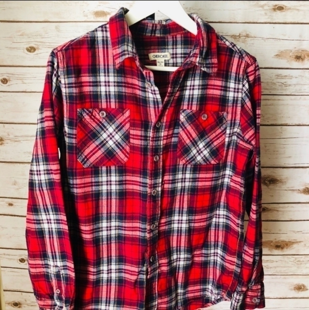Cherokee Red Black White Plaid Flannel Long Button Sleeve Shirt Collared Boy's 8